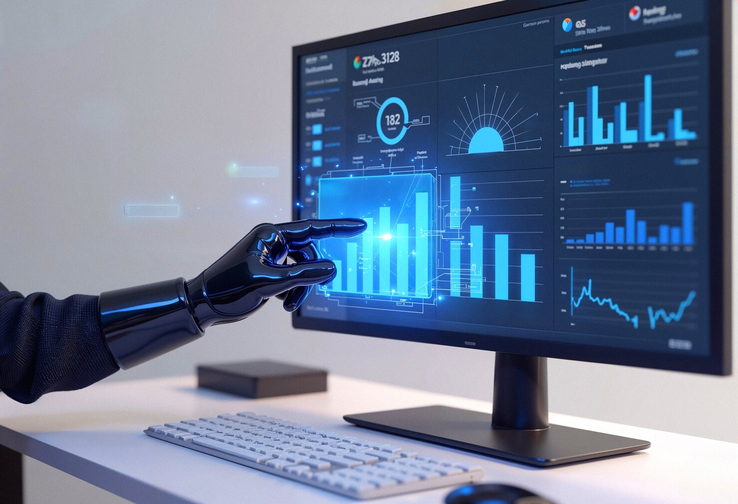 A robotic hand interacts with a digital analytics dashboard displaying various blue graphs and data visuals on a computer screen.