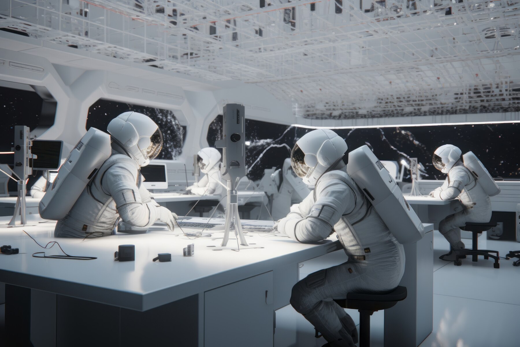 Four astronauts in white suits work at a futuristic, high-tech control center, focusing on screens and instruments against a starry backdrop.