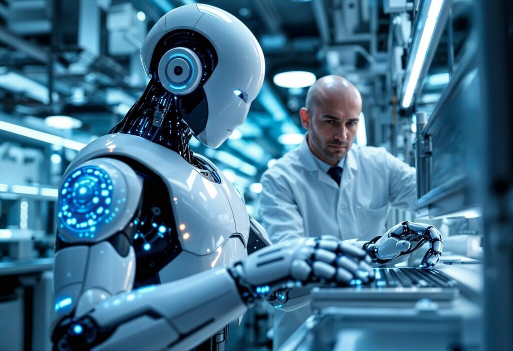 A humanoid robot with glowing blue features interacts with a person in a high-tech lab, focused on a computer workstation.