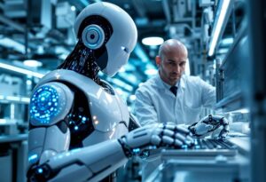 A humanoid robot with glowing blue features interacts with a person in a high-tech lab, focused on a computer workstation.