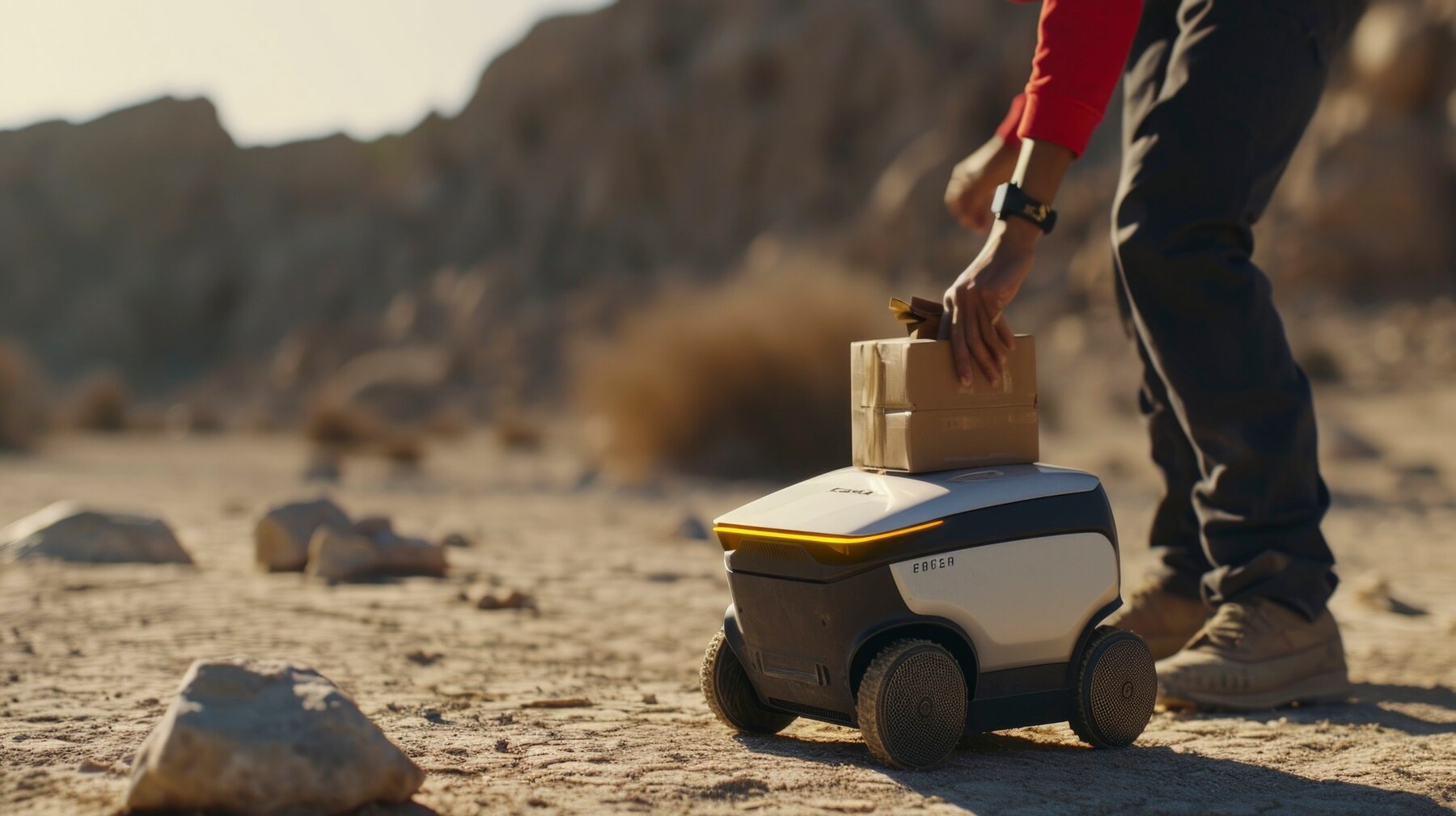 A person places a small package onto a delivery robot in a desert landscape, with rocky terrain and distant mountains.