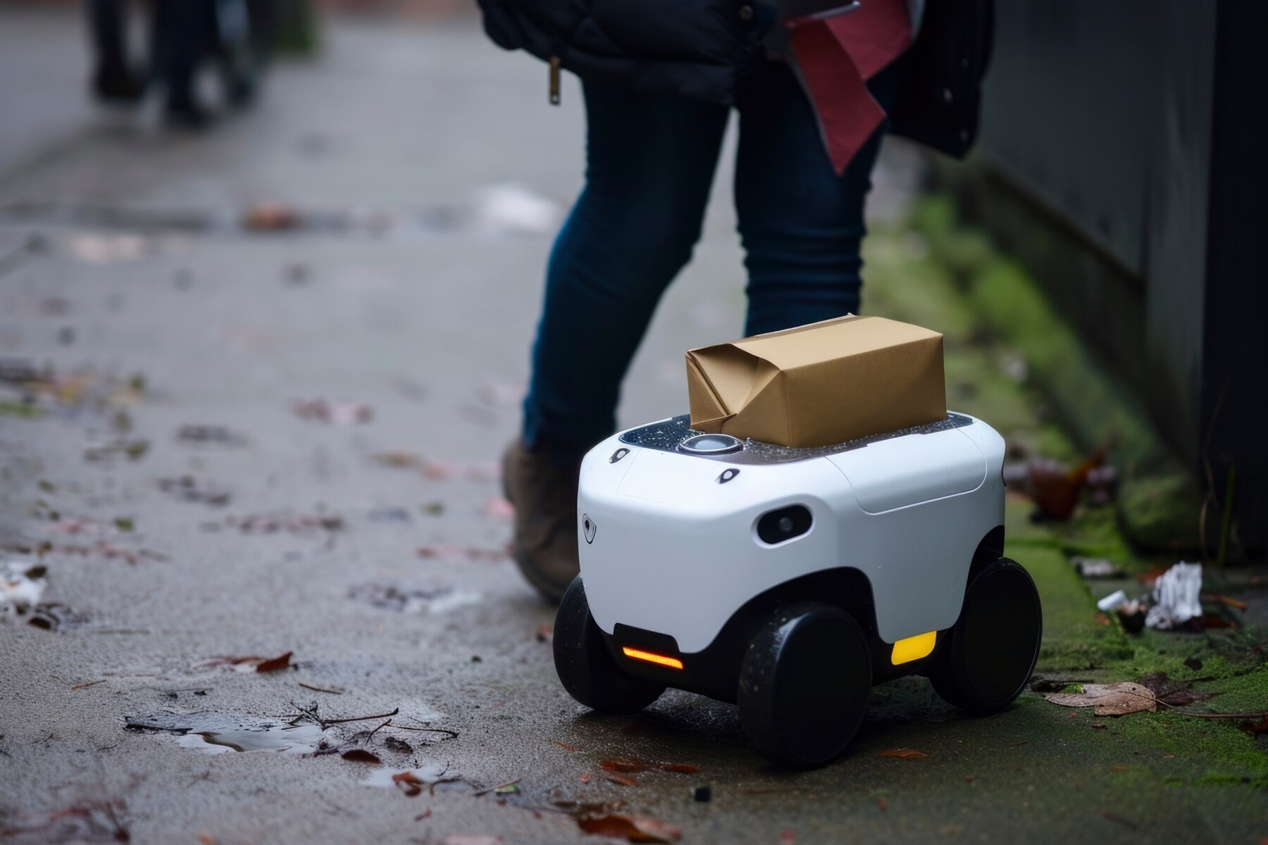 A small delivery robot with a brown package on top is navigating a wet sidewalk beside a person in jeans and boots.