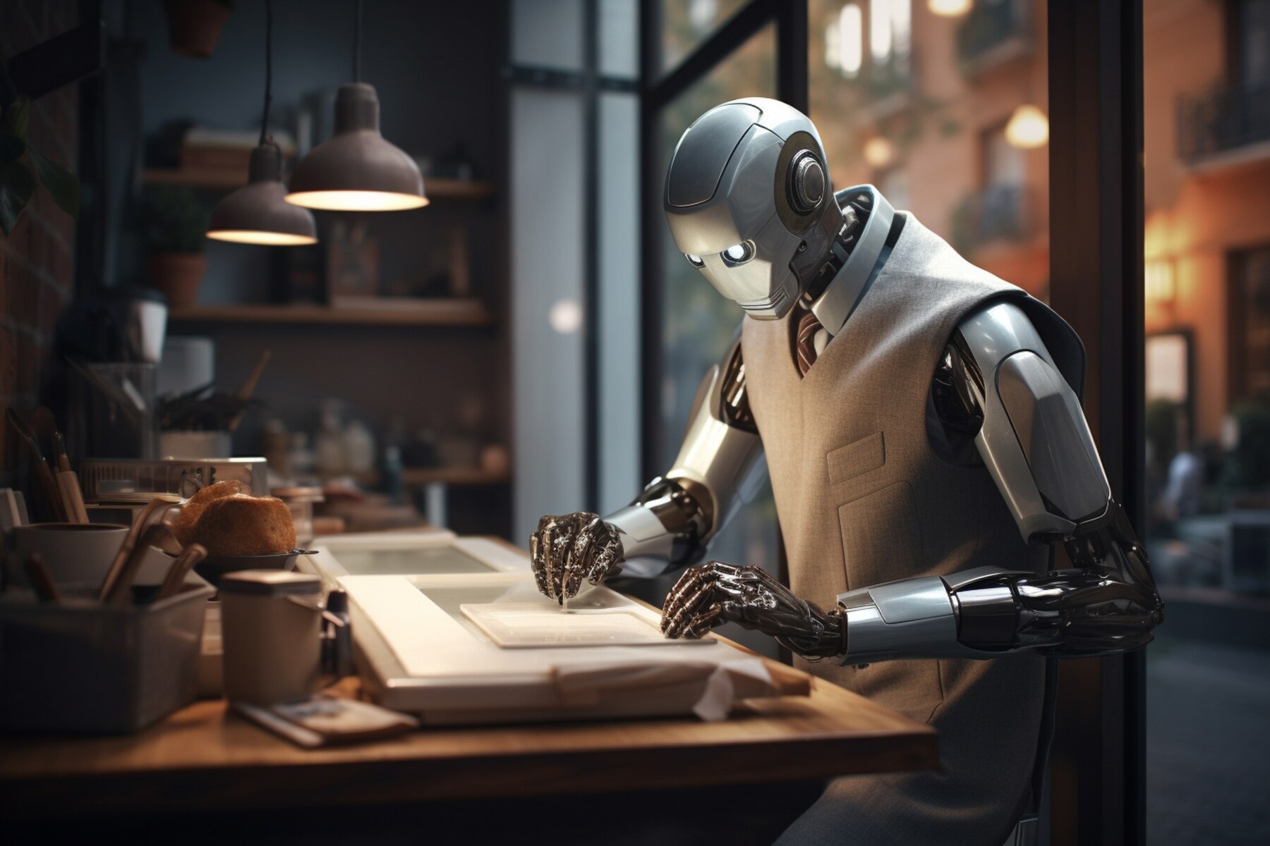 A humanoid robot in a vest studies a sketchbook, focused, in a cozy cafe with warm lighting and various art supplies around.