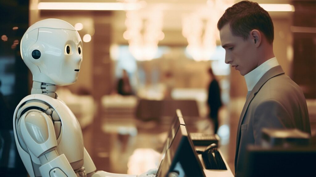 A humanoid robot stands at a reception desk, engaging with a business professional in a modern, stylish environment.
