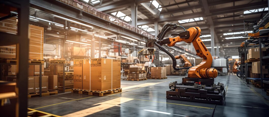 An orange robotic arm operates in a spacious warehouse filled with stacked cardboard boxes and pallets, illuminated by natural light.