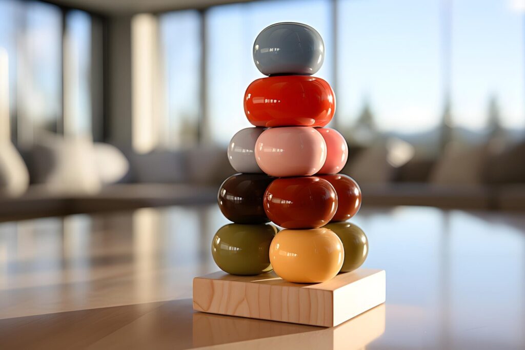 A colorful stack of glossy balls arranged in a pyramid shape on a wooden base, set against a spacious, bright interior.
