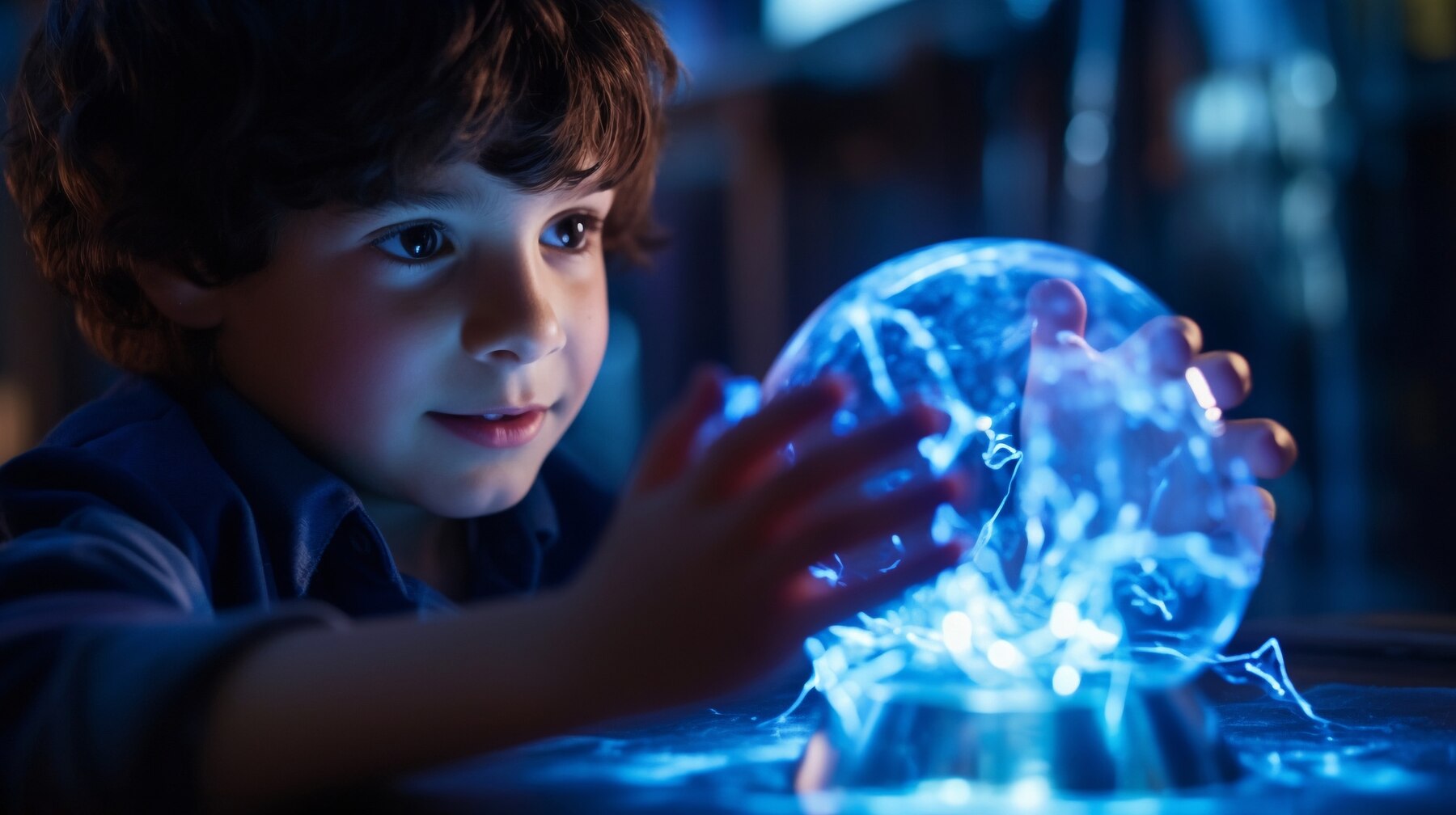 A child’s hands gently touch a glowing, electrified orb, surrounded by a soft blue glow that illuminates the dark environment.