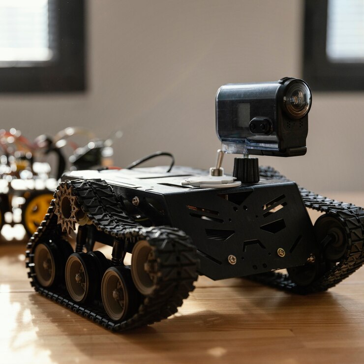 A black tracked robot with a mounted camera, resting on a wooden table, with natural light streaming through nearby windows.