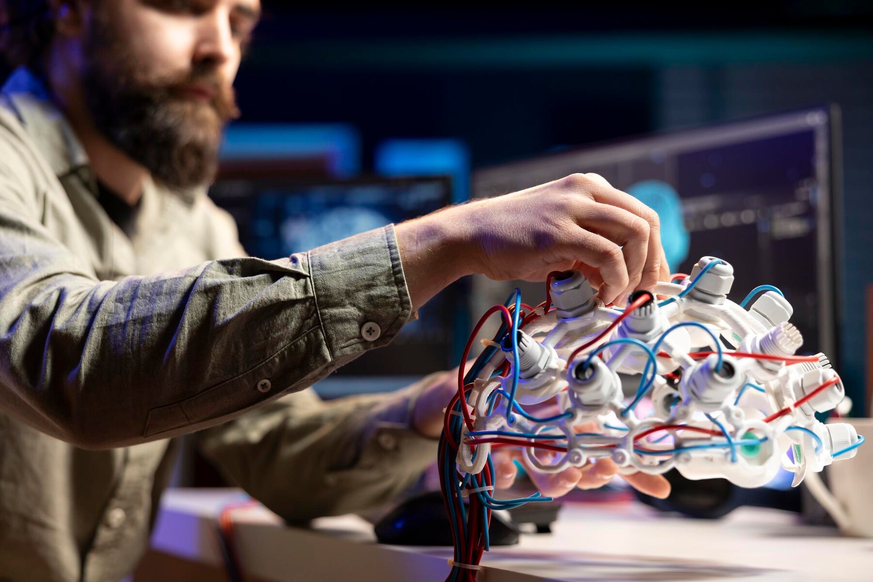 A person holds a complex device resembling a brain, with colorful wires and sensors, while working at a computer workstation.