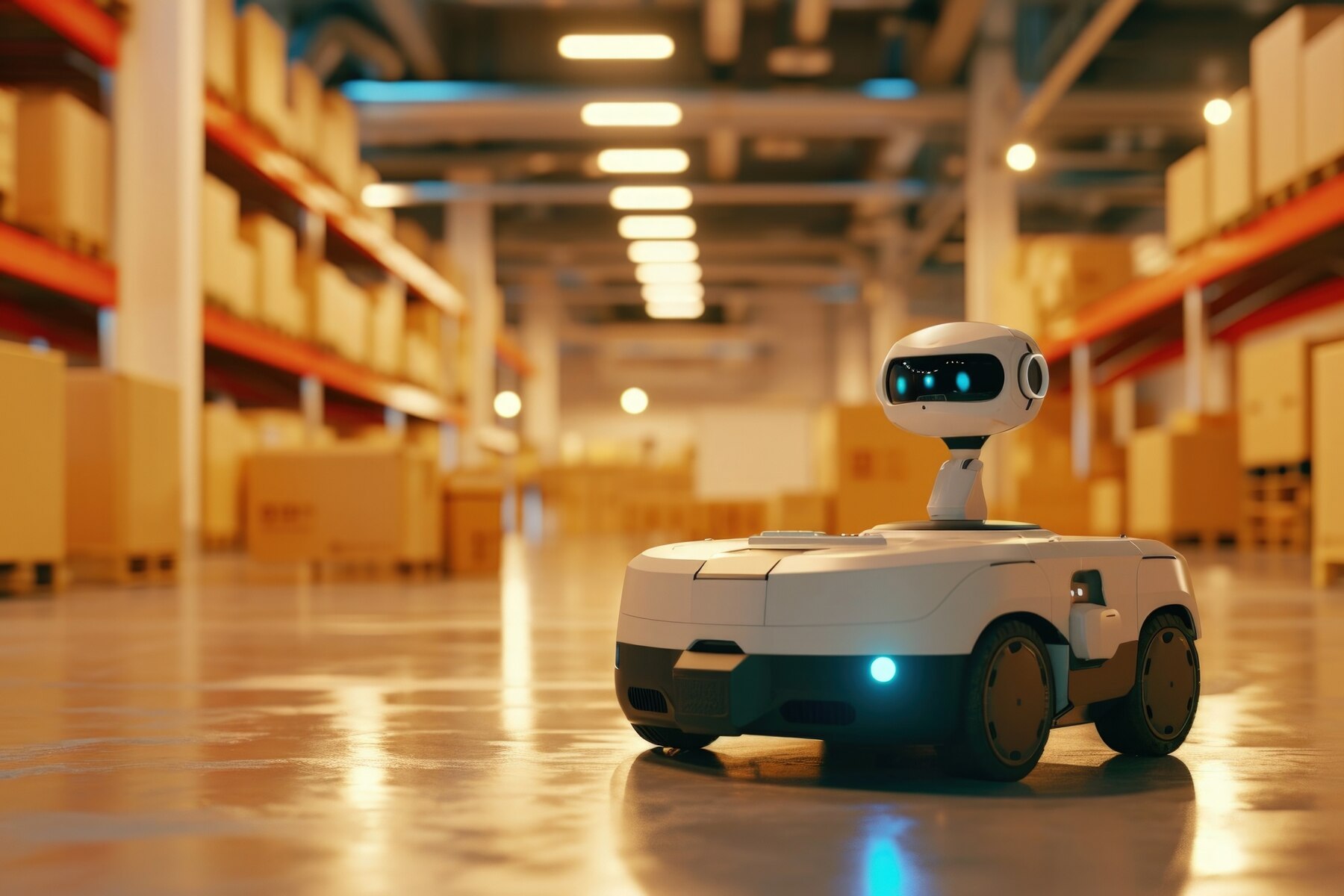 A small, robotic courier with a round head and glowing eyes navigates a bright warehouse filled with neatly stacked cardboard boxes.