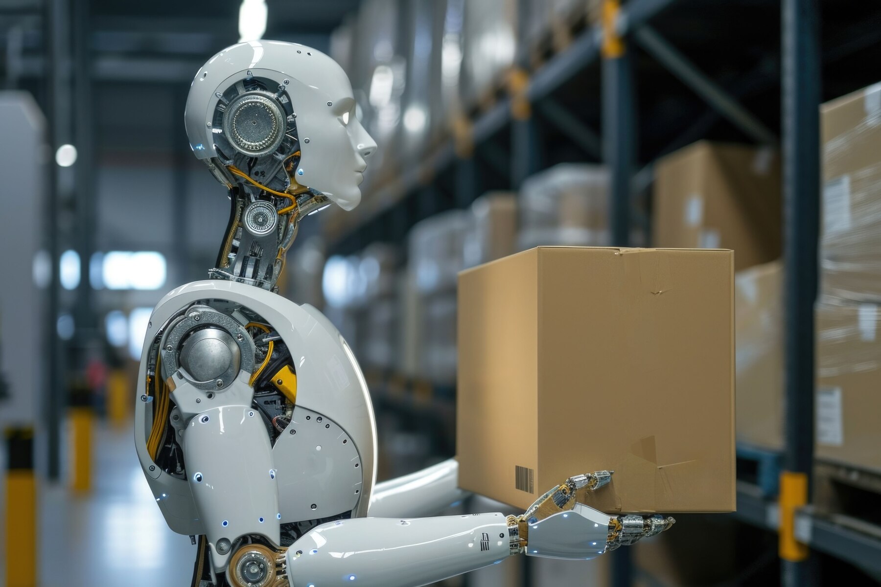 A humanoid robot stands in a warehouse, holding a cardboard box amidst shelves filled with similar boxes.