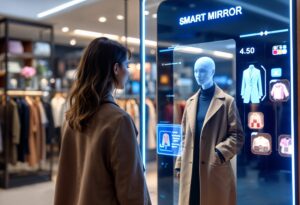 A woman in a beige coat examines a smart mirror displaying clothing options and prices in a stylish retail store.