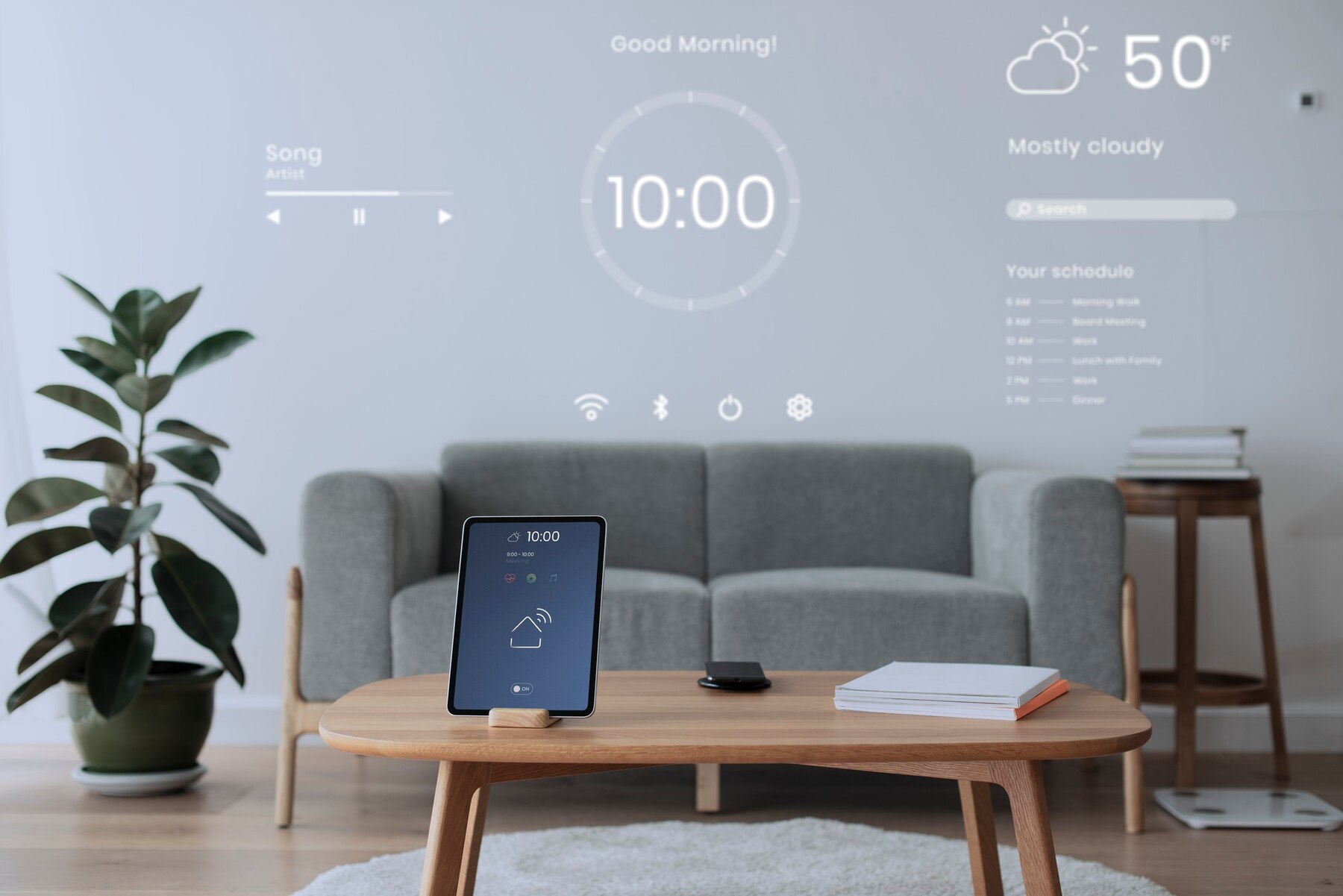 Digital tablet screen with smart home controller on a wooden table.