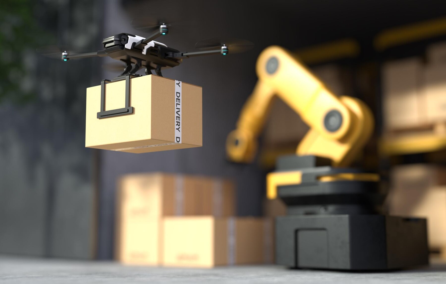 A drone carrying a delivery box hovers in a warehouse, with a yellow robotic arm and stacked boxes in the background.
