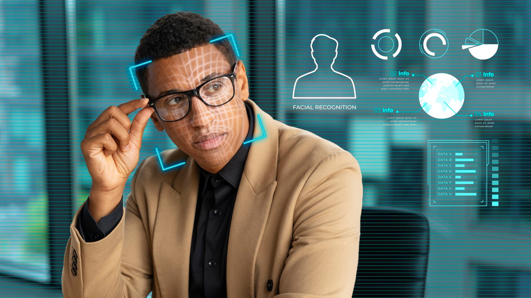A person in a beige blazer gestures while data visualization elements like charts and a globe appear in the background.