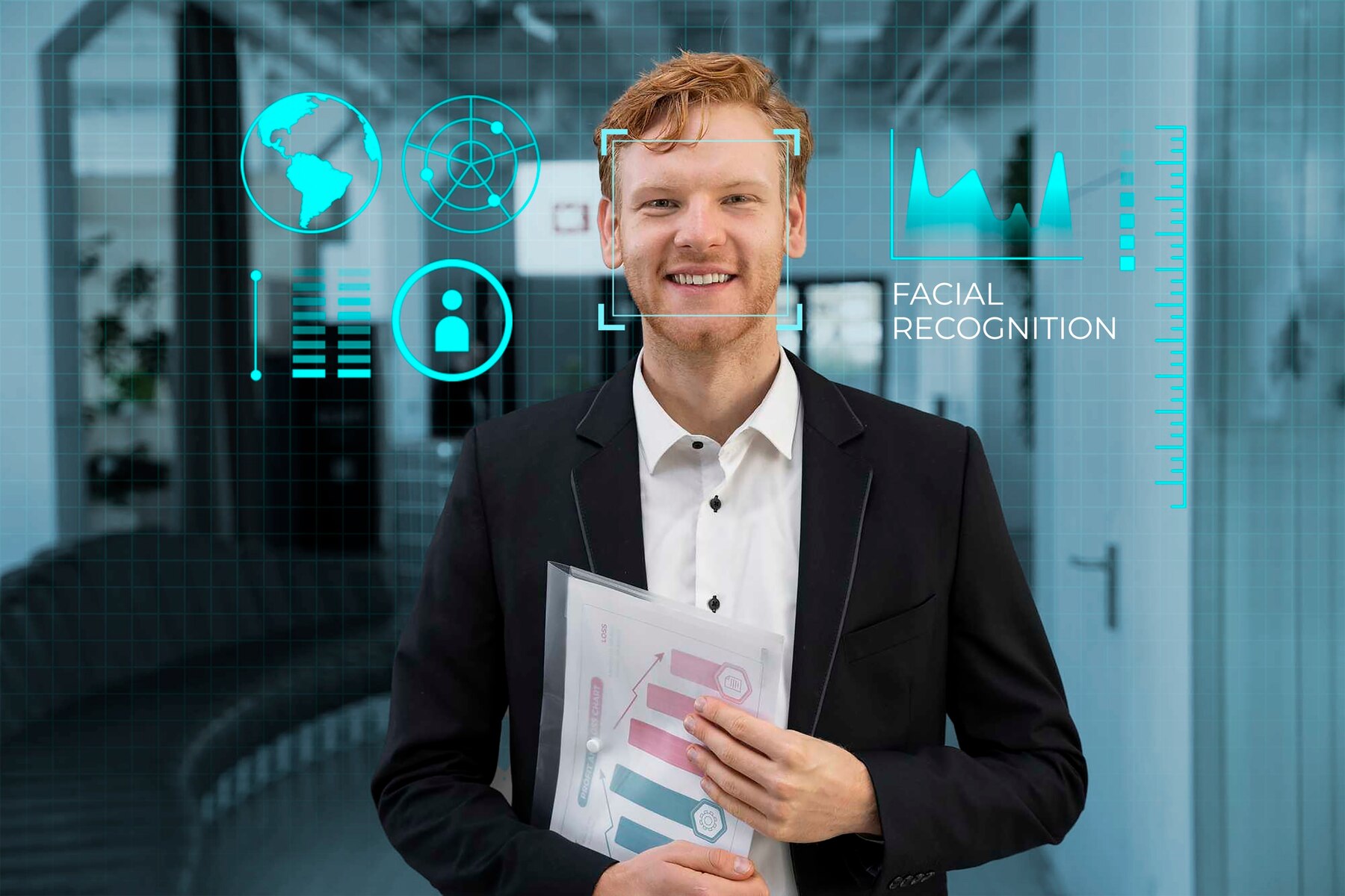A person in a black suit holds documents, with digital icons representing data analysis and facial recognition overlayed in a modern office setting.