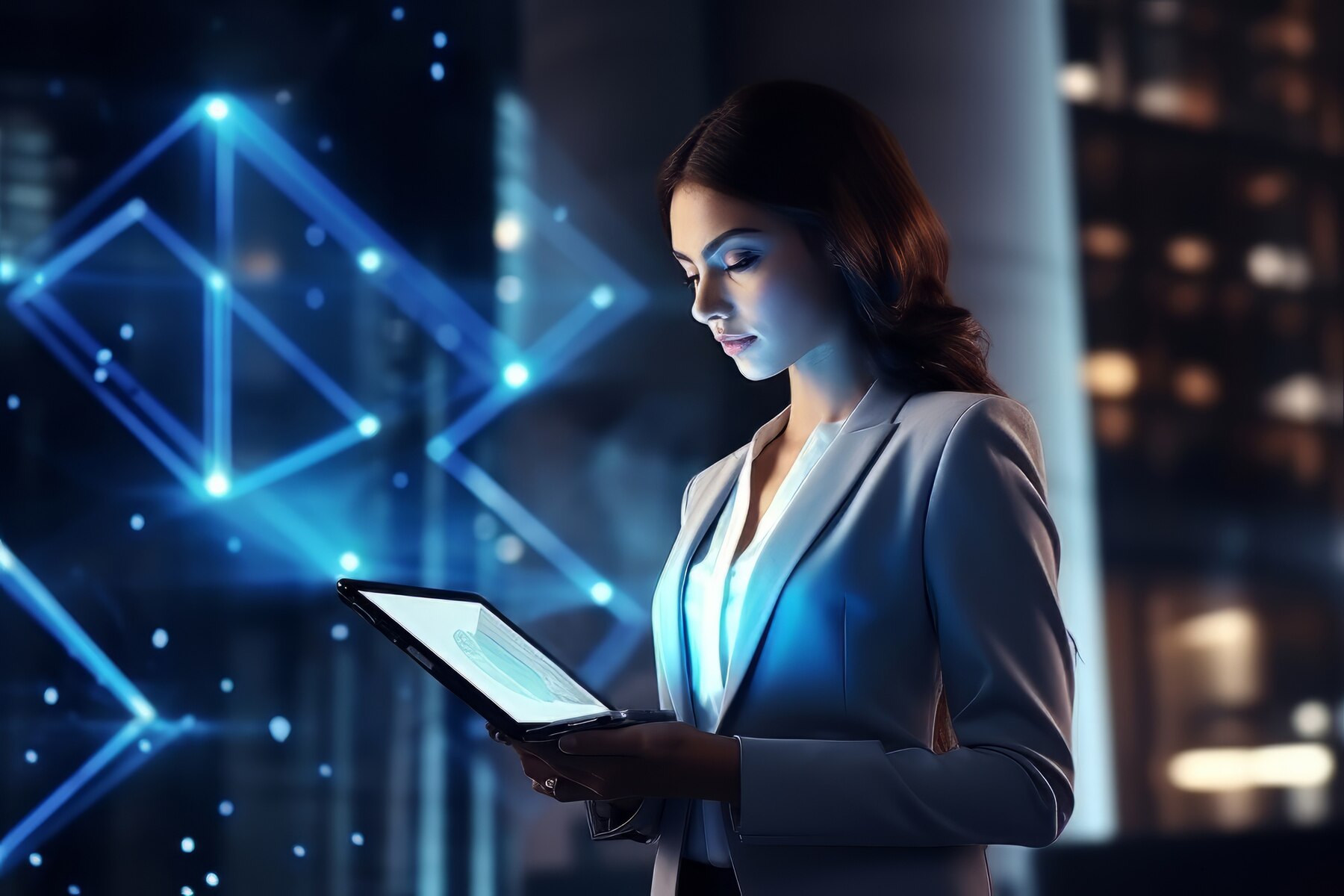 A professional woman stands holding a tablet, illuminated by a digital blue background featuring geometric patterns and bright lights.