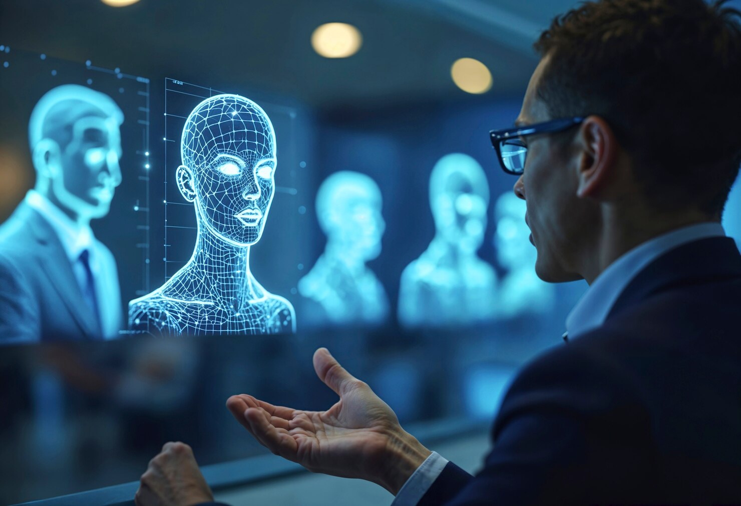 A person in a suit gestures while analyzing futuristic holographic human figures displayed on a screen.
