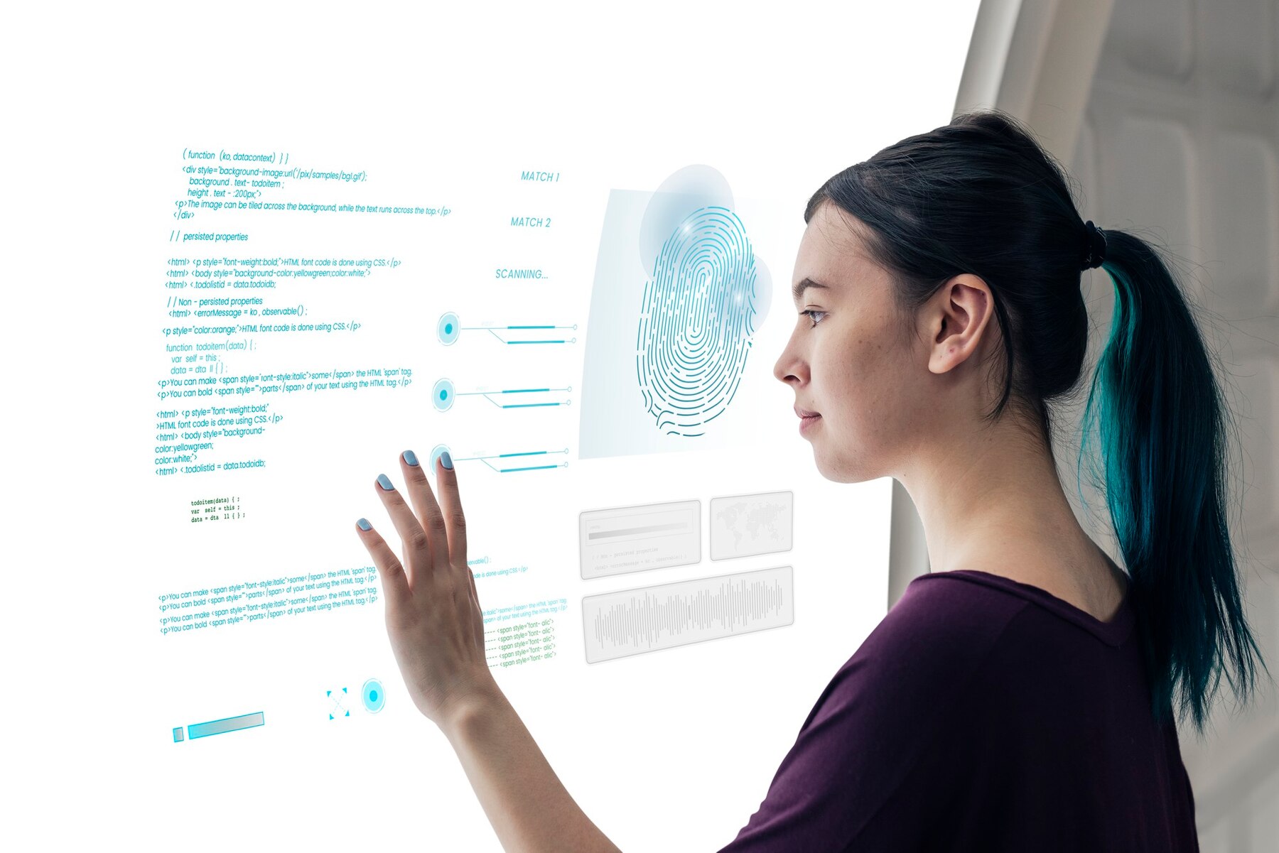 A person interacts with a futuristic touchscreen displaying code, biometric data, and scanning interfaces in a high-tech environment.