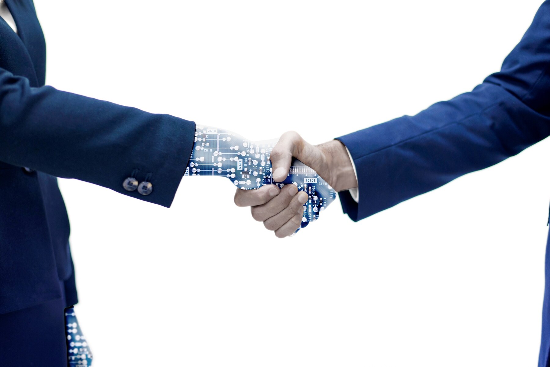 A human hand shakes a robotic hand with a digital circuit pattern, symbolizing collaboration between technology and humanity.