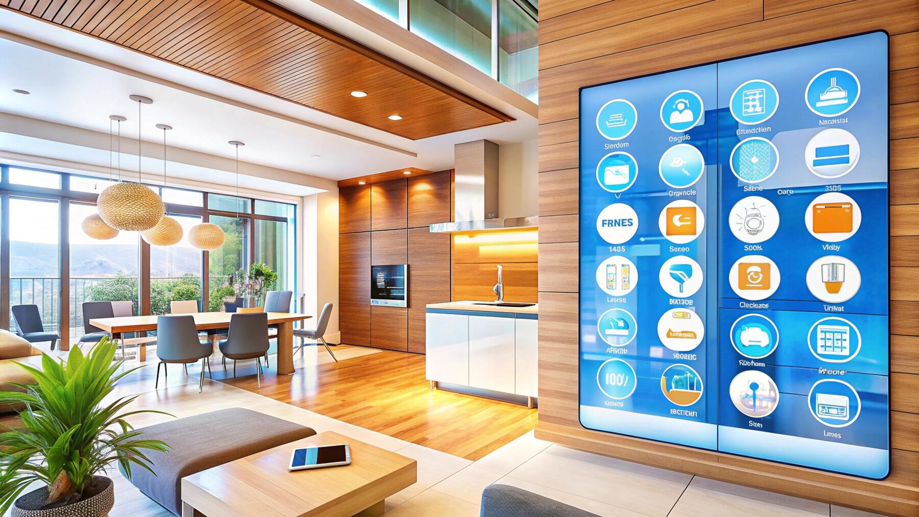 Modern open-plan living area featuring a sleek kitchen, stylish furnishings, and a large interactive touchscreen interface.
