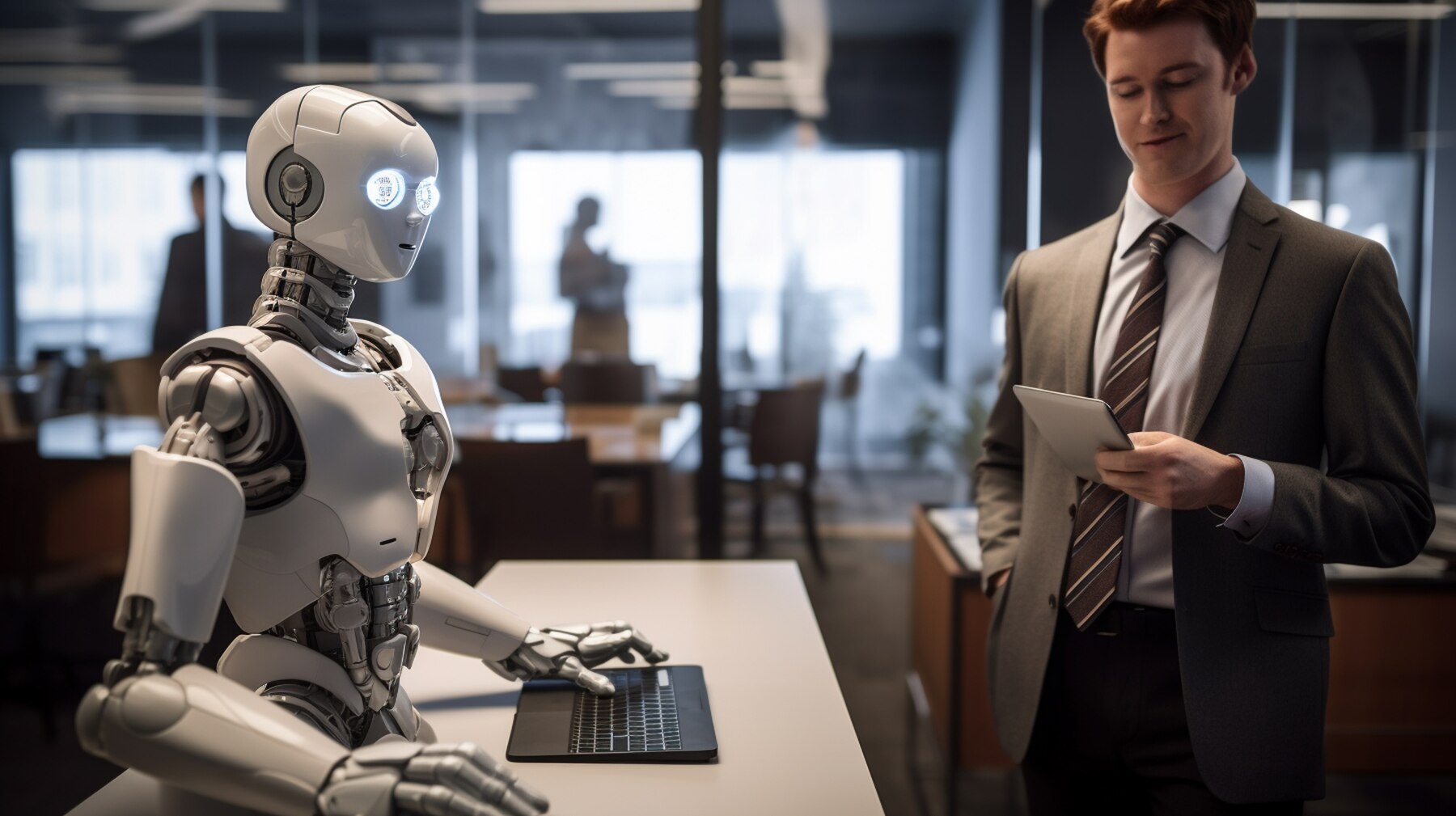 A humanoid robot, seated at a table with a laptop, interacts with a businessman holding a tablet in a modern office setting.
