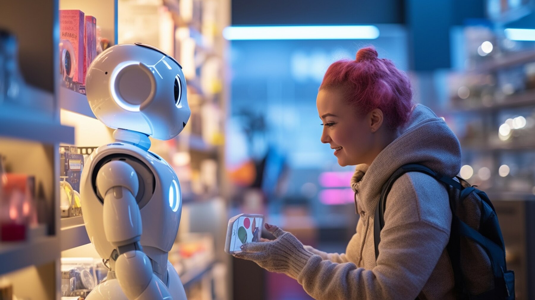 A person interacts with a friendly robot in a colorful tech store, holding a transparent box while exploring various gadgets.
