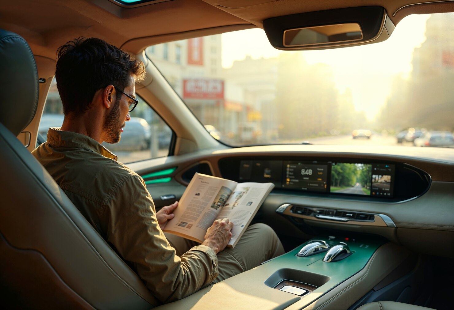 A person sits comfortably in a modern car, reading a magazine, with a dashboard displaying digital screens and city views through the window.