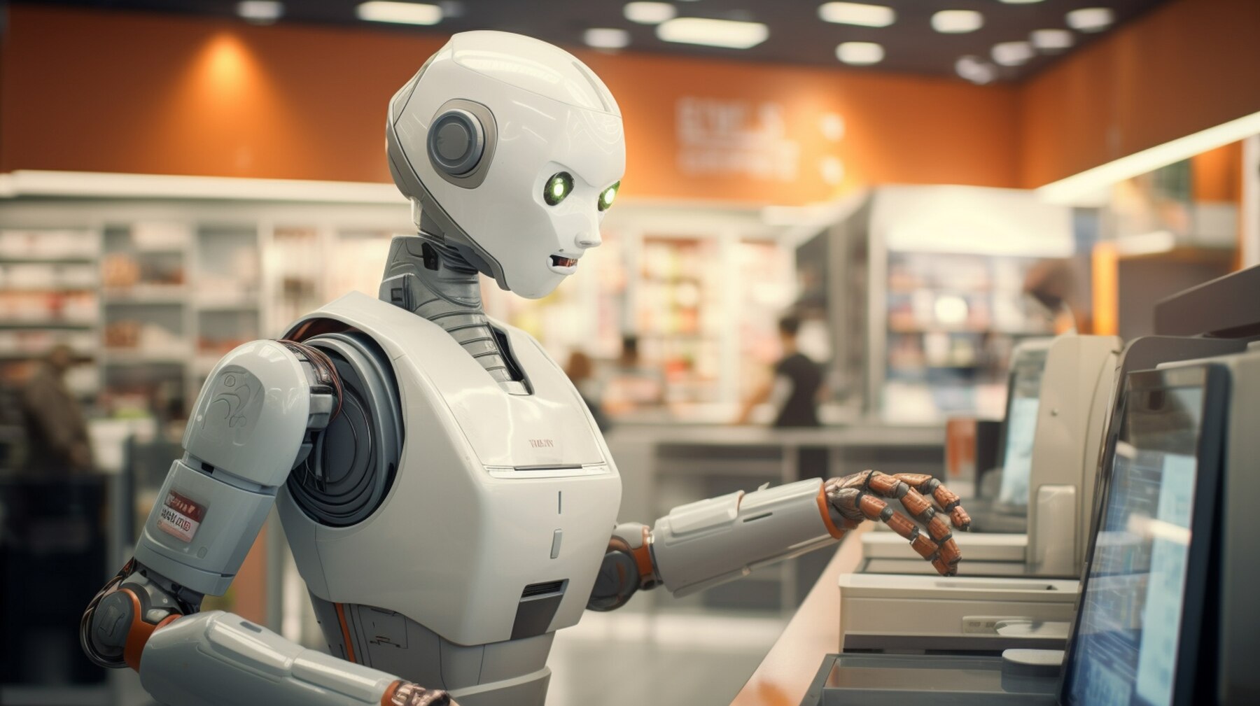 A humanoid robot interacts with a touchscreen at a modern retail checkout station, surrounded by shelves of products.