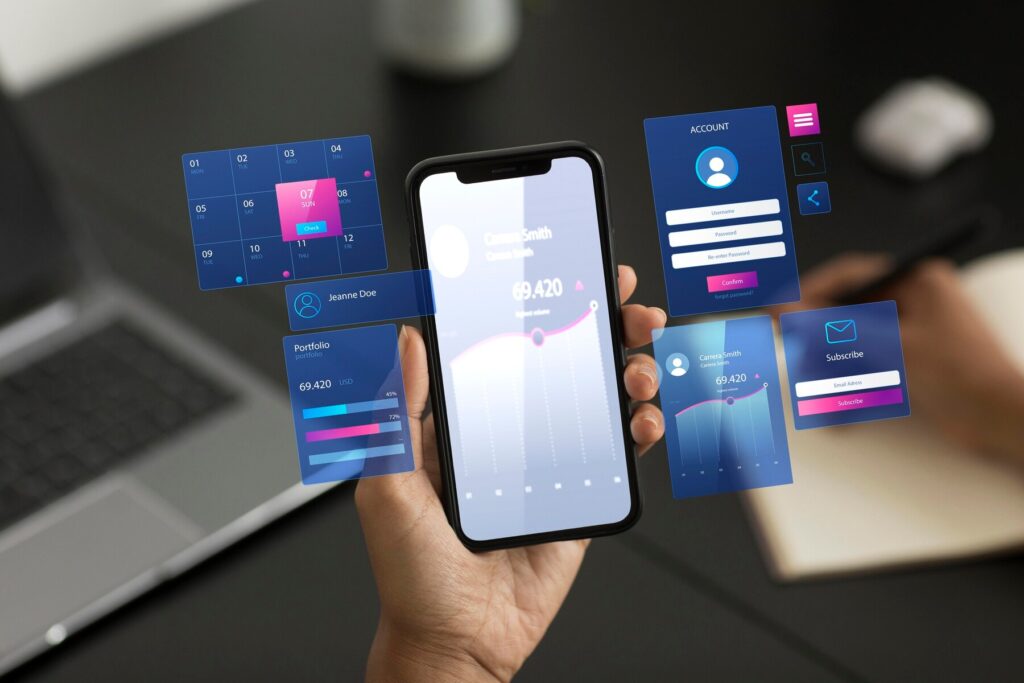 A person holds a smartphone displaying a user interface with portfolio stats and options for account management and subscriptions.