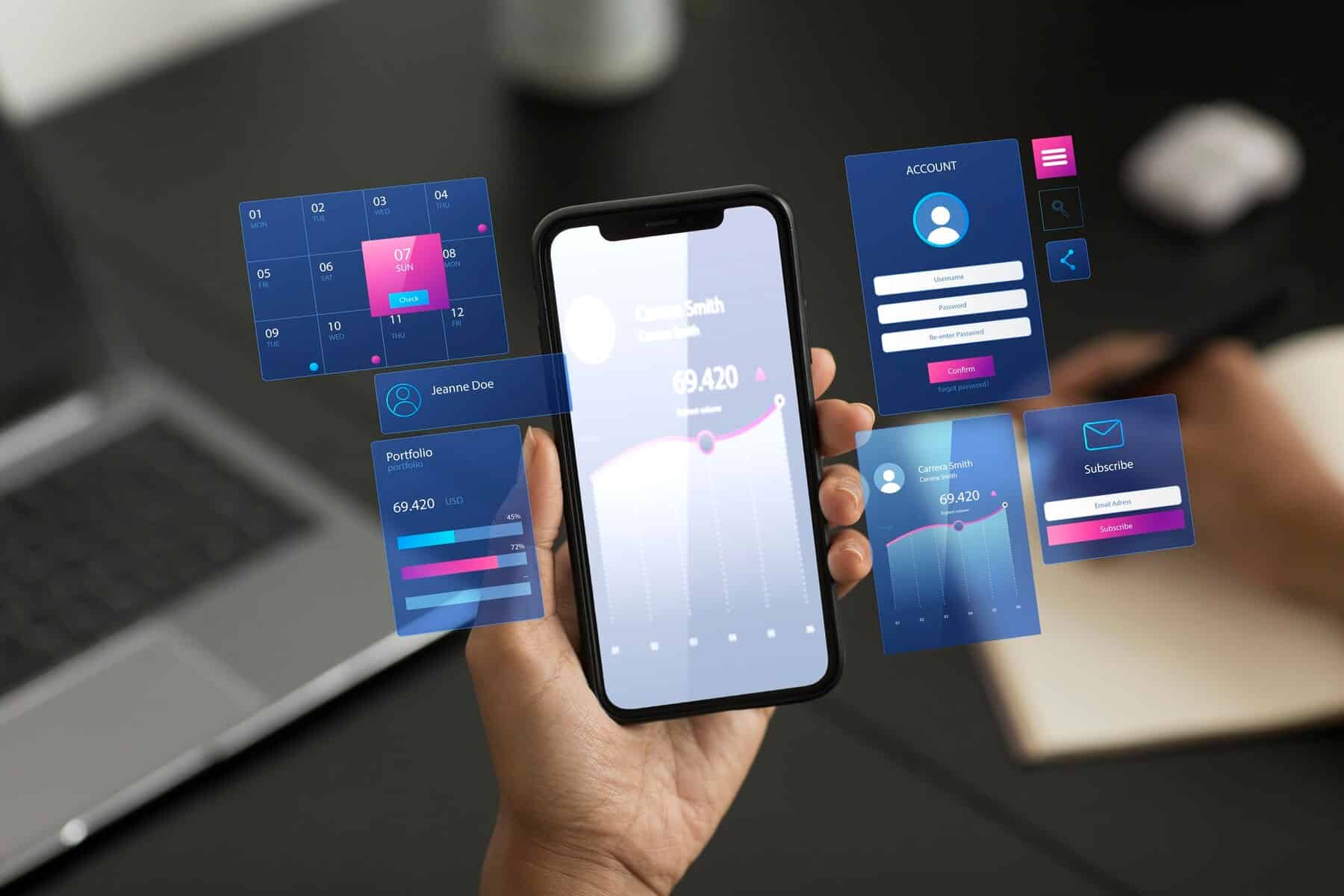 A person holds a smartphone displaying a user interface with portfolio stats and options for account management and subscriptions.