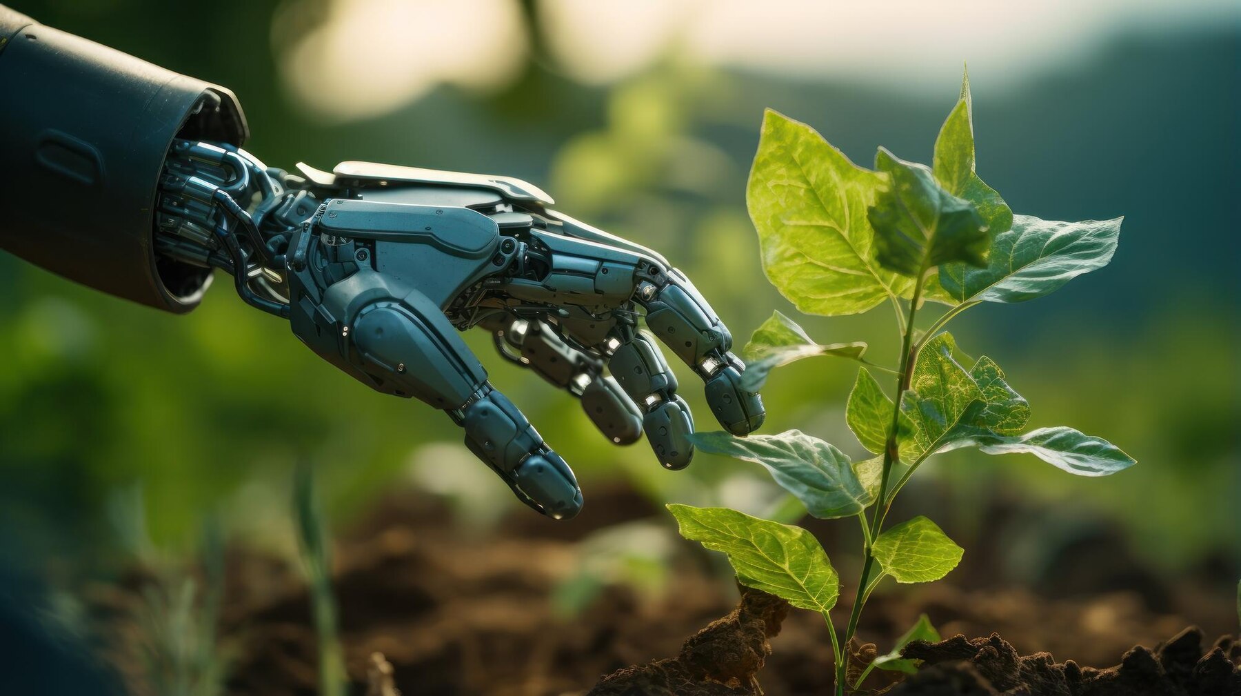 A robotic hand gently touches a young green plant, symbolizing the fusion of technology and nature in a lush environment.