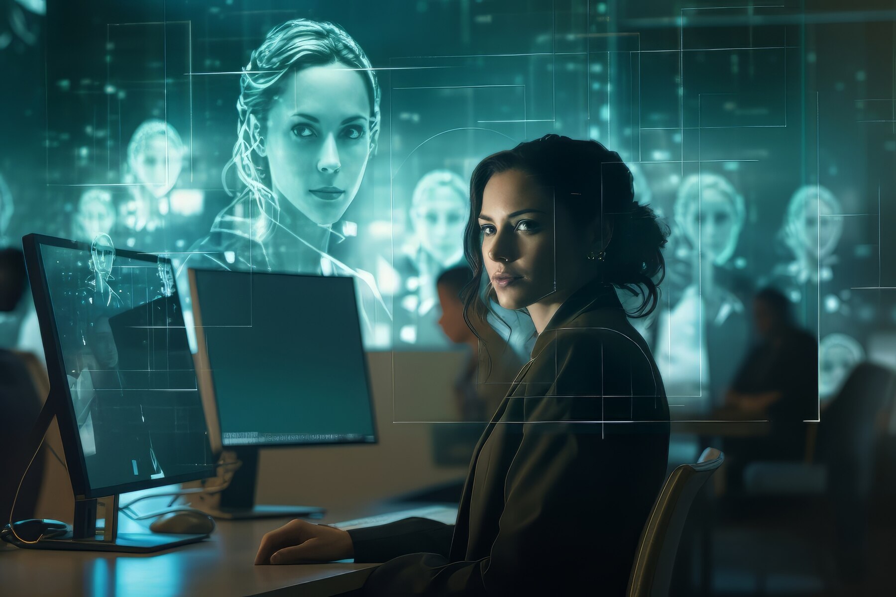 A woman in a suit sits at a desk, focused on dual monitors displaying digital profiles and data in a high-tech office environment.