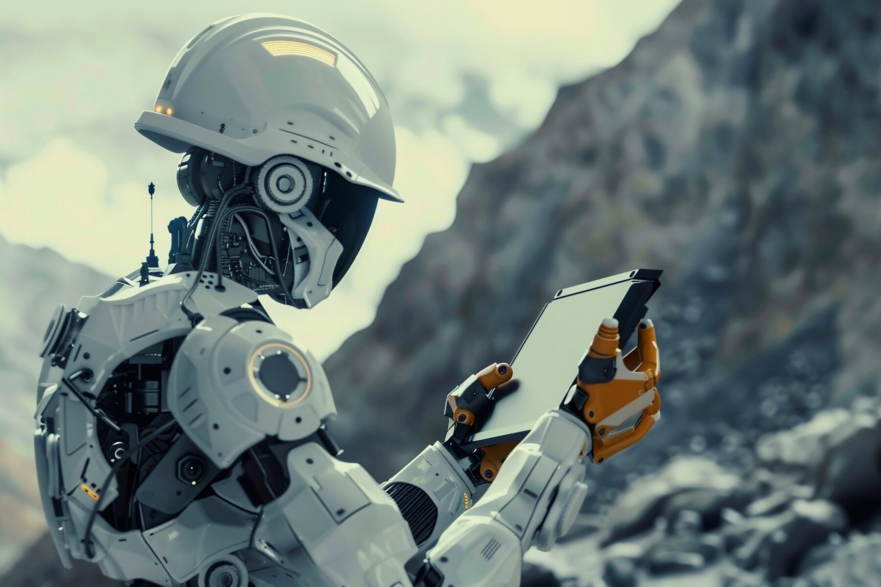 A humanoid robot in a white helmet examines a tablet in a rocky landscape, showcasing advanced technology in a natural setting.