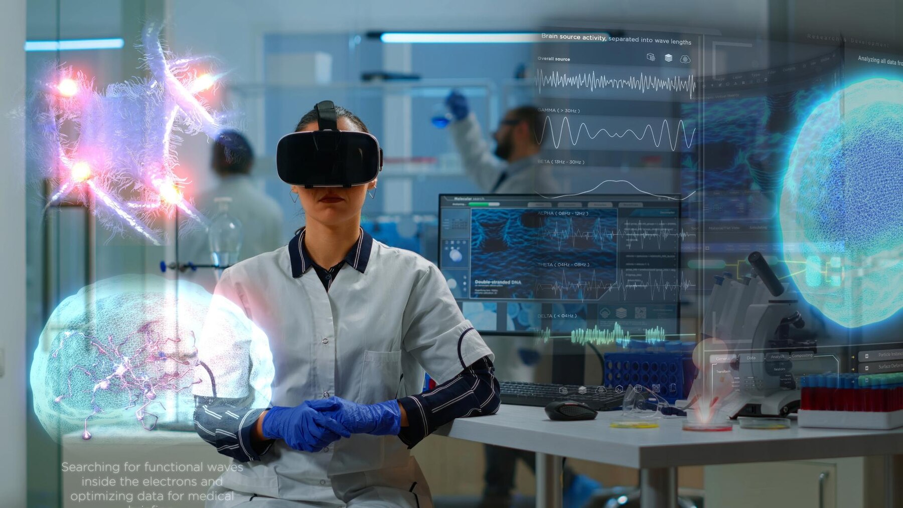 Researcher looking at monitor analysing brain scan while coworker discussing with patient in background about side effects, mind functions, nervous system, tomography scan working in laboratory