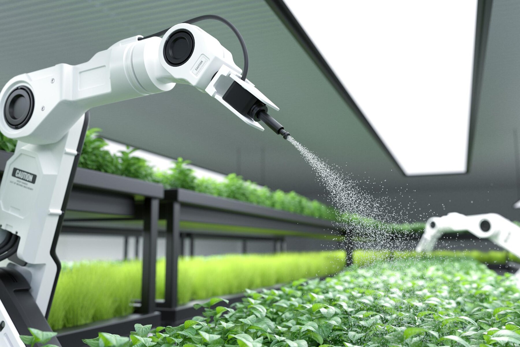 A robotic arm sprays water over lush green plants in a modern indoor farm, emphasizing advanced agricultural technology.