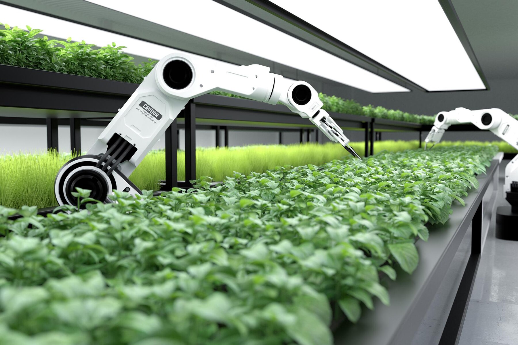 Two robotic arms tending to lush green plants in a modern indoor farm with bright overhead lighting.