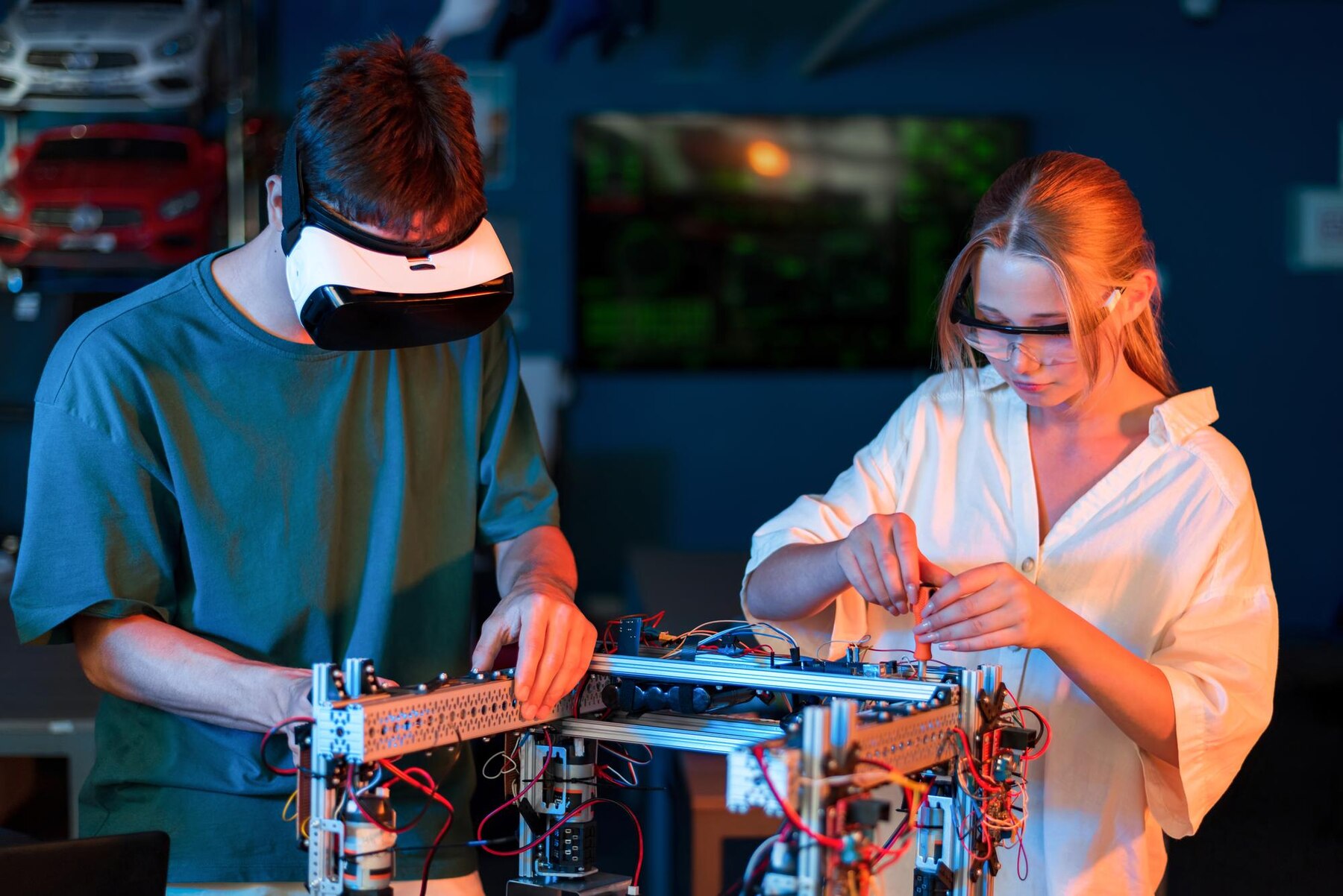 A person wearing a virtual reality headset works on a robotic project while another assists with wiring in a tech environment.