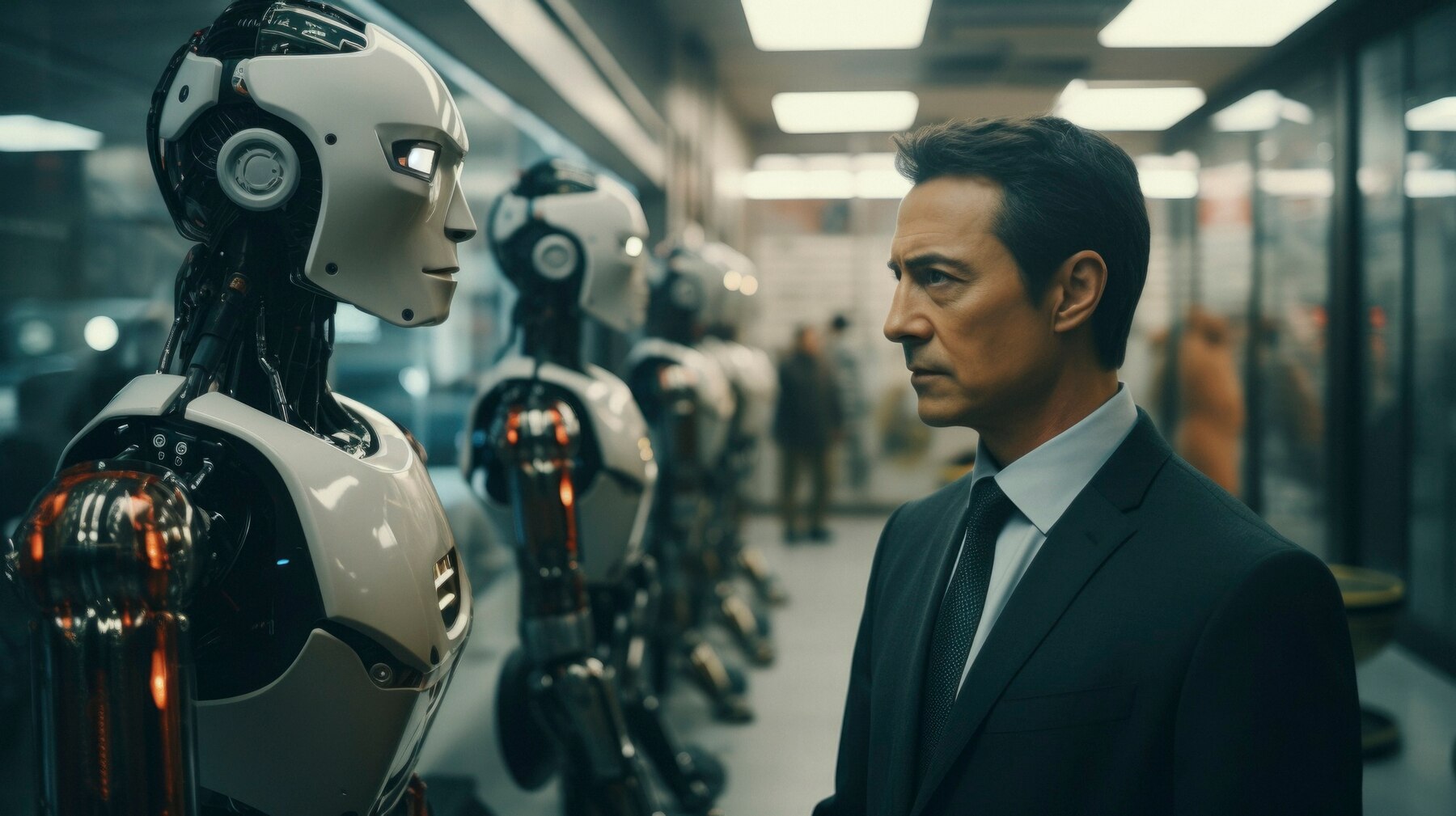 A businessman in a suit stands facing a humanoid robot in a futuristic setting with other robots visible in the background.
