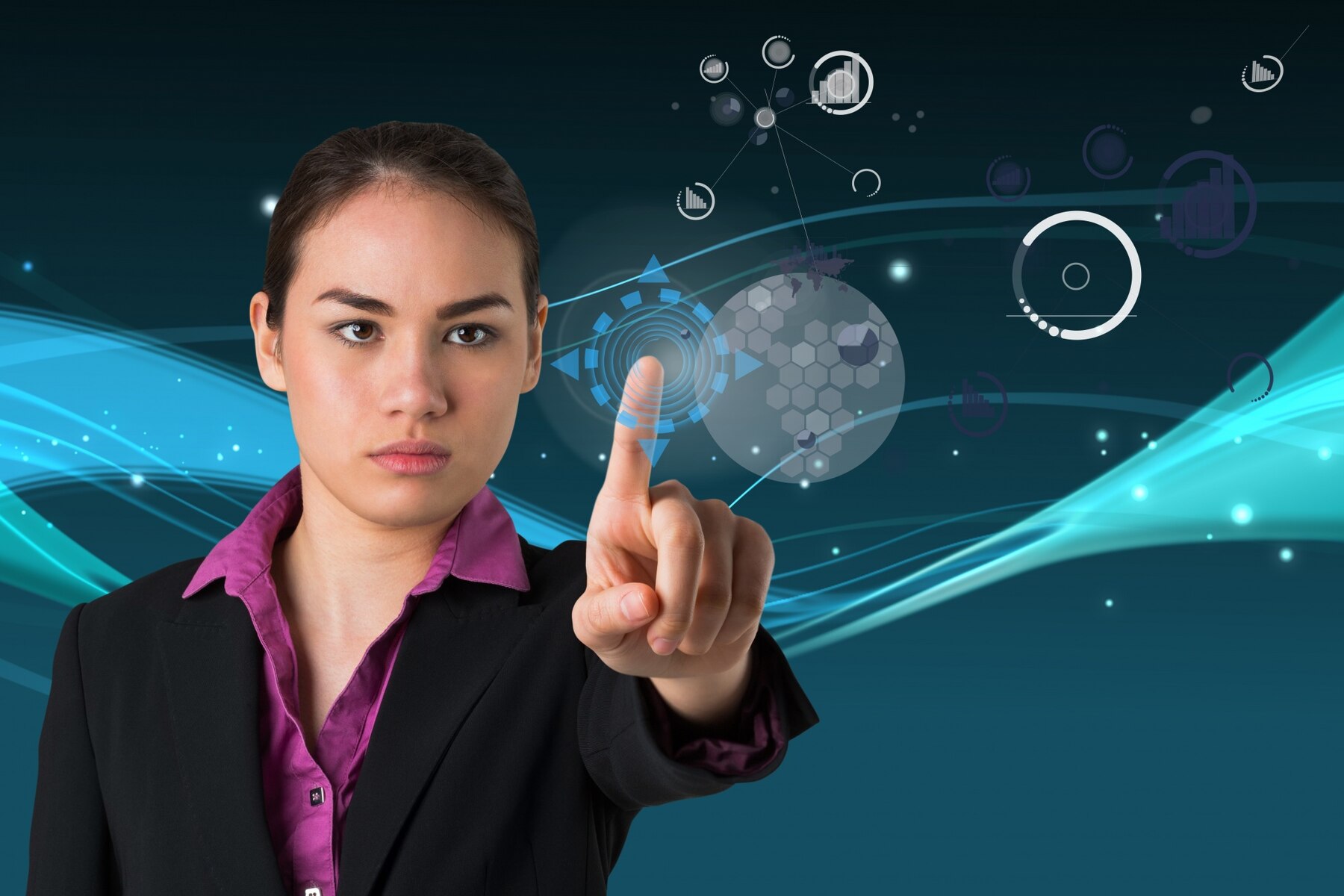 A business professional in a suit interacts with digital data visuals against a dark, flowing background.