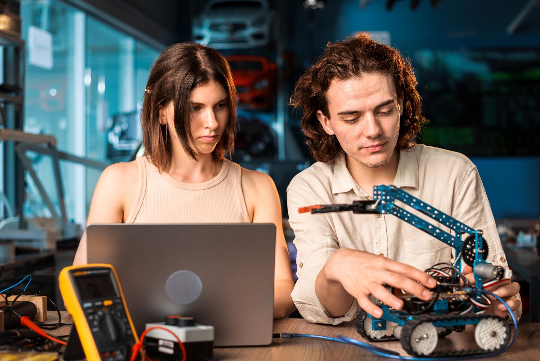 Two individuals collaborate at a table with a laptop and a robotic arm, surrounded by tools and project materials in a tech workspace.