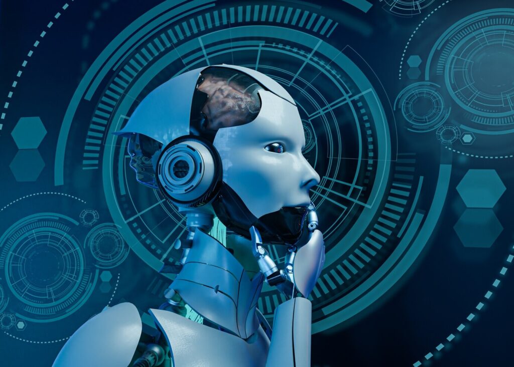A futuristic humanoid robot with intricate mechanical features stands against a high-tech backdrop of digital patterns and circuitry.