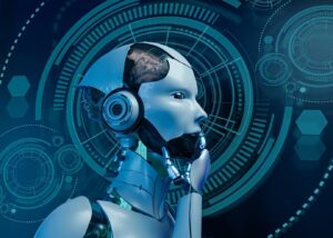 A futuristic humanoid robot with intricate mechanical features stands against a high-tech backdrop of digital patterns and circuitry.