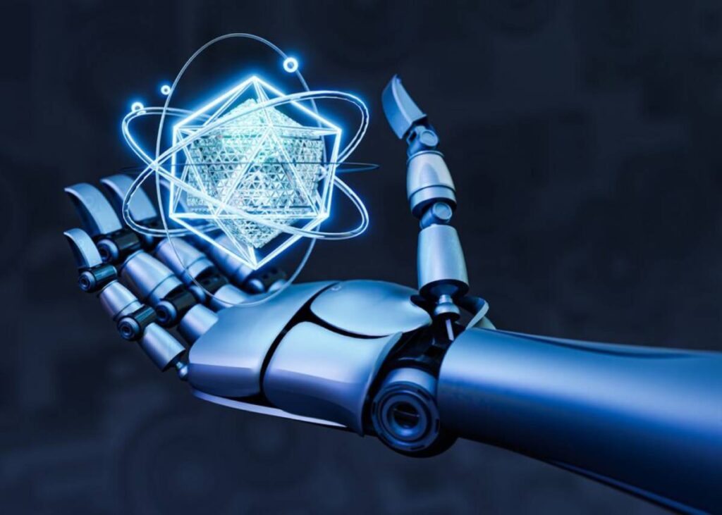 A metallic robotic hand holding a glowing blue geometric shape surrounded by orbiting lines and particles against a dark background.