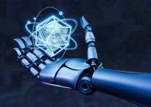 A metallic robotic hand holding a glowing blue geometric shape surrounded by orbiting lines and particles against a dark background.