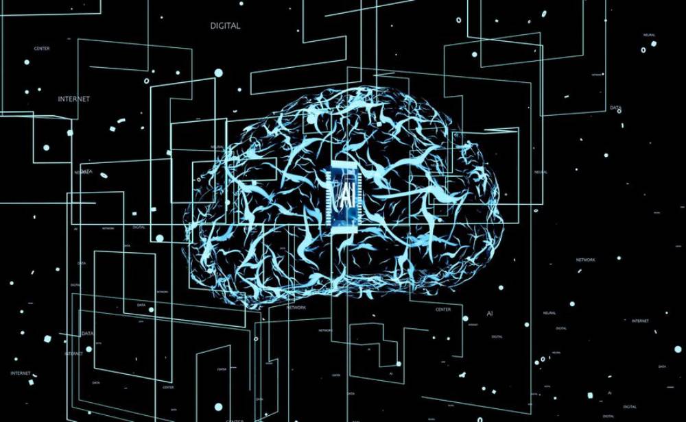 A glowing, digital brain centered within a network of blue circuitry, symbolizing artificial intelligence and technology.