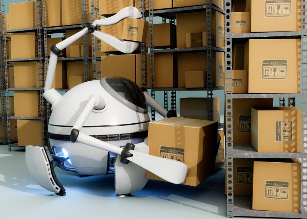 A robotic assistant with two arms is organizing cardboard boxes on shelves in a warehouse setting.