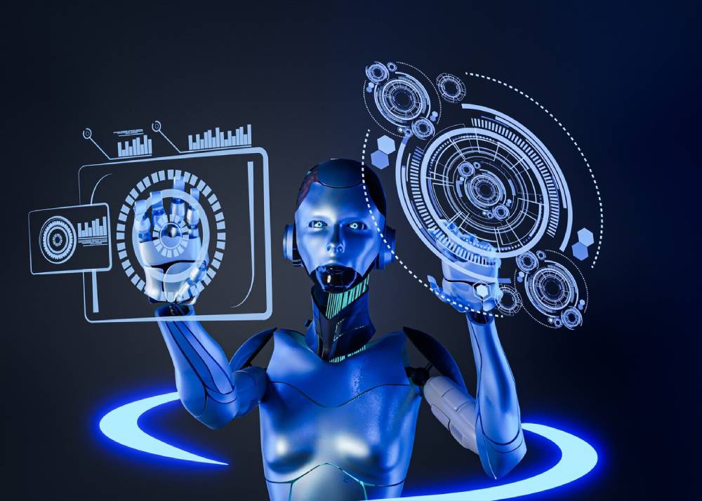 A futuristic humanoid robot interacts with holographic display screens showing data graphs and circular interface designs on a dark background.