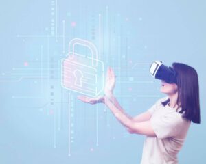 A person wearing a VR headset interacts with a glowing digital lock graphic, symbolizing technology and security.
