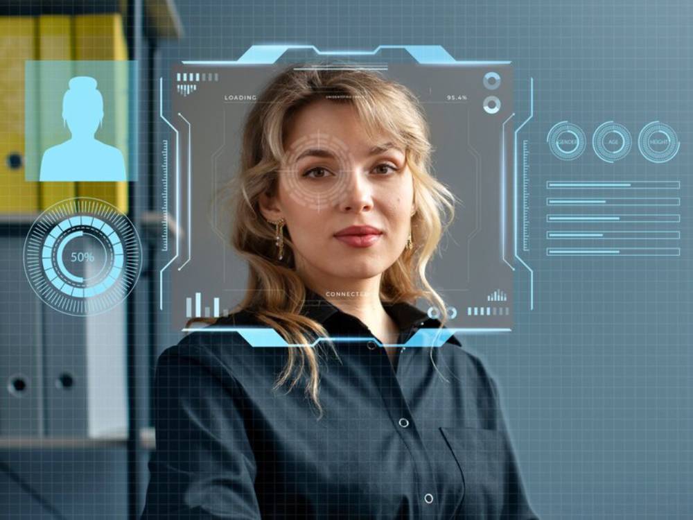 A woman face recognition, surrounded by digital interface elements including statistics and a user profile icon.